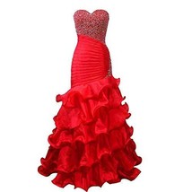 Sweetheart Tiers Beaded Mermaid Ruffles Long Formal Prom Evening Dress Red US 10 - £103.70 GBP