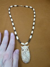 (j-owl-9) White Brown Owl bird aceh bovine bone carving pendant 20&quot; NECK... - $37.16