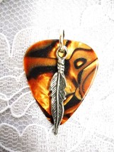 BROWN ABALONE LOOK REAL GUITAR PICK with PEWTER FEATHER PENDANT NECKLACE - $4.99