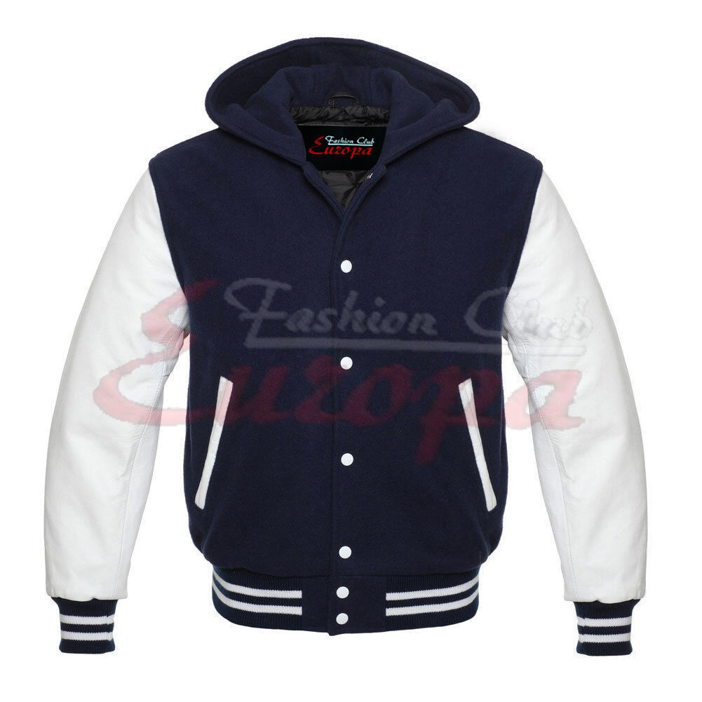 VARSITY Navy Blue/White HOODIE  LETTERMAN WOOL&REAL LEATHER JACKET