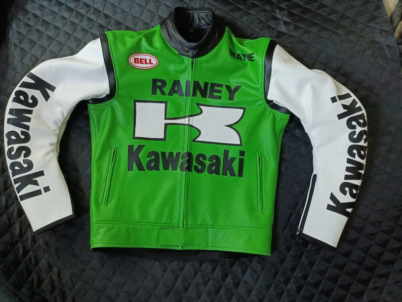 Men Kawasaki Rainy Customized Motorcycle Racing Leather Jacket Genuine C... - £133.15 GBP