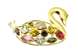 14k Yellow Gold Italian Made Swan Shaped Brooch Pin With Multi Color Stones - £398.87 GBP