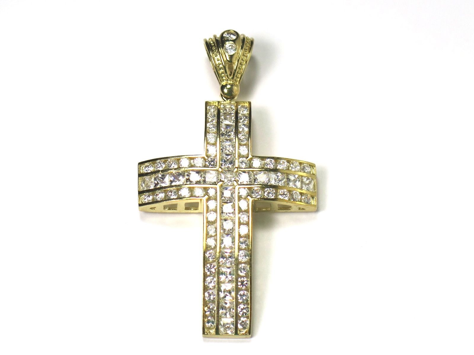 10k Yellow Gold CZ Large Cross With 3 Rows Cz Stones 22g - $975.00
