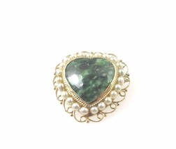 14k Yellow Gold Antique Brooch Pin With Marble Color Stone &amp; Pearls Pendant - £362.77 GBP