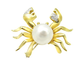 14k Yellow Gold Vintage Crab Brooch Pin With Diamonds &amp; Pearl - £719.28 GBP