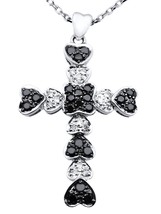 14 K White Gold Heart Shape Black And White Diamond Cross Pendant - £881.21 GBP