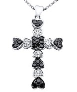 14K WHITE GOLD HEART SHAPE BLACK AND WHITE DIAMOND CROSS PENDANT - $1,508.08 CAD