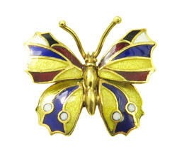 18k Yellow Gold Vintage Butterfly Brooch Pin With Multi Color Enamel - £558.74 GBP