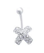 14k White Gold Belly Button Navel Ring With An &quot;X&quot; Design Set With CZ St... - $273.07 CAD