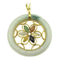 14k Yellow Gold &amp; Jade Pendant With Flower Shaped Center &amp; Multi Color Stones - £398.87 GBP