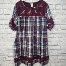 Vintage Womens Midi Dress Autumn Leaf Embroidered Plaid Pockets Size 2XL... - $29.65