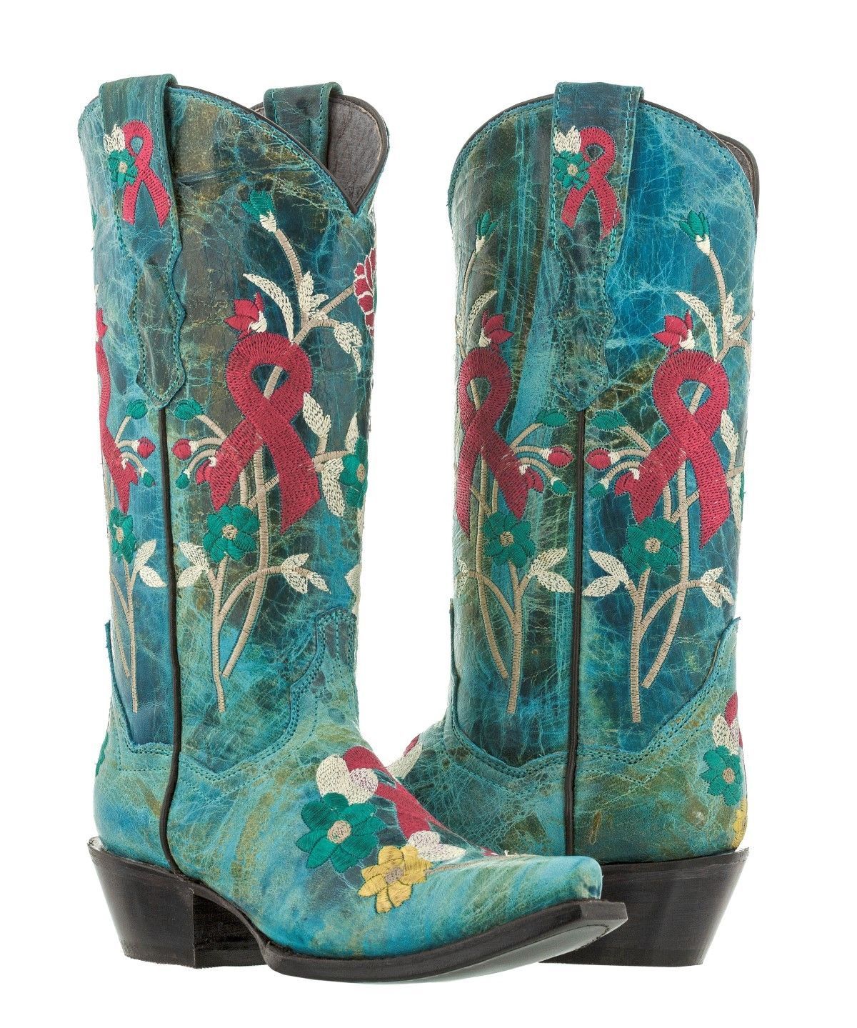 Primary image for Womens Turquoise Breast Cancer Awareness Ribbon Embroidered Cowgirl Boots Snip