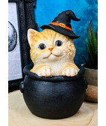 Ebros Witching Hour Halloween Tabby Cat With Witch Hat In Black Cauldron... - $45.09 CAD