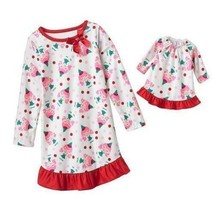 Girls Pajamas Christmas Elf White Red Nightgown &amp; Doll Gown 2 Pc Fleece-... - £14.04 GBP