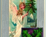 Angel w Tree Foiled Embossed Happy Christmas UNP Unused DB Postcard J11 - $11.83