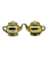 Vintage Tea Pot Belly Stove Salt Pepper Shakers Gold Tone Metal - $11.02