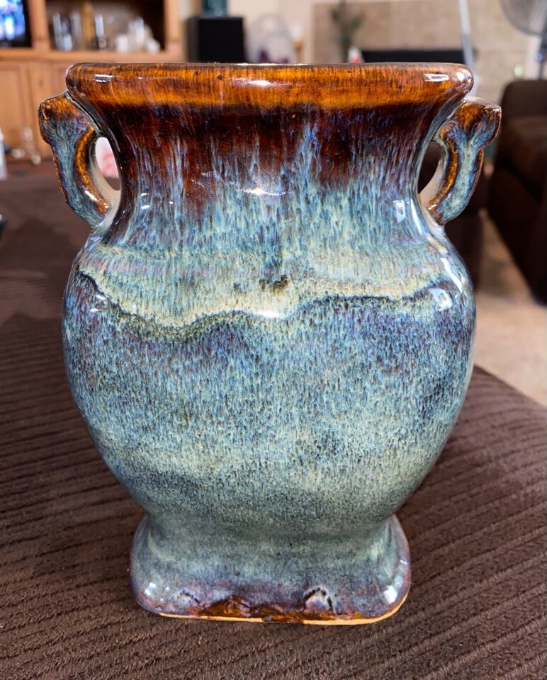 Primary image for 232A ~ Vintage Mottled Drip Glaze Vase w/ Two Handles Blue & Brown 7"