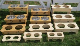 15&quot; Tall Dog Bone Elevated Feeder Amish Handmade 2 2QT Paw Print Bowls Finished - £75.11 GBP