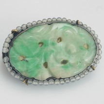 Chinese Apple Green Carved Jade and Sterling Silver Pin circa 1920 - £114.96 GBP