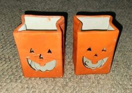 Pair Jack O Lantern Ceramic "Bag" Tea Light Candle Holders Halloween Fal... - $9.99