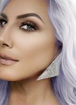 Vintage 1980s Earrings Silver Leather Triangles 3.5&quot; HUGE w/Rhinestones ... - $39.55