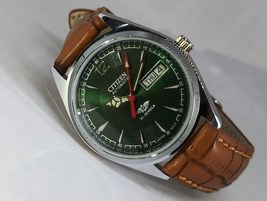 Vintage 1960 Citizen Mechanical Automatic Day Date Mens Wrist Watch Green Dial - £42.54 GBP