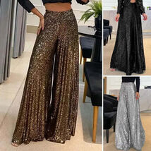 High Waist Elastic Waistband Straight Sequins Loose Wide Leg Pants - $45.95