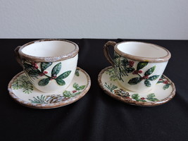 Yankee Candle Tea Cup and Saucer Set 2 Tealight Holders Holly Christmas Winter - £17.29 GBP