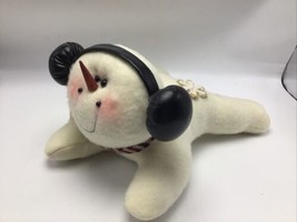 Snowman Plush Headphones Scarf Felt Fabric Christmas Holiday Toy Decor 12&quot; - £10.75 GBP