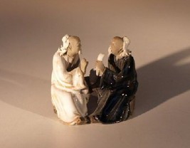 Ceramic Figurine Two Men Sitting On A Bench - 2.5&quot; Color: White &amp; Blue - $9.95
