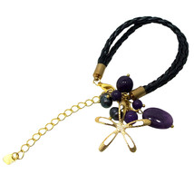 Stylish Brass Star &amp; Purple Stones on Braided Leatherette Bracelet - $11.87