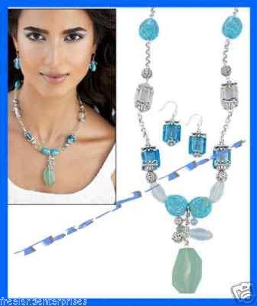 Necklace, Earring Turquoise Colored Set Sea Glass Accent Gift Set ~ Silvertone ~ - $24.70