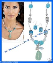 Necklace, Earring Turquoise Colored Set Sea Glass Accent Gift Set ~ Silvertone ~ - £19.74 GBP