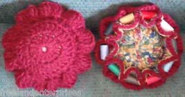 Crocheted Sewing Pin Cushion with Thread Caddy 05 Reversible Maroon - $12.82