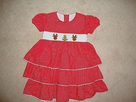 Lolly Wolly Doodle Christmas Tree Reindeer Smocked Polka Dot Tiered Dress CUTE 2 - £19.00 GBP