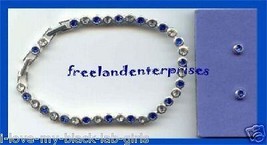 Bracelet Tennis & Earring Set - Silvertone-Sapphire Color Crystal -Size 7" or 8" - $19.75