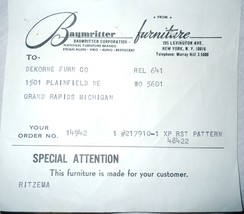 Vtg Baumritter Furniture Purchase Order For Dekorne Furniture Co Grand R... - $56.83 MXN