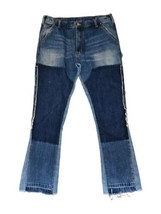 MNML Blue Jeans Mens Size 36x32 Distressed Patch flared 100% Cotton - £48.79 GBP