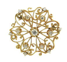 14k Yellow Gold  Antique Brooch Pin With Intricate Filigree Design &amp; Diamonds - £739.40 GBP