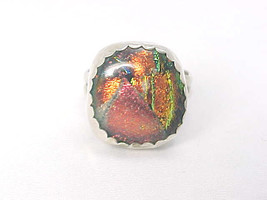 Foil Art Glass Vintage Ring In Sterling Silver   Size 8 1/4   Multi Colored - £58.97 GBP