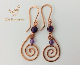 Handmade Copper Earrings Teardrop Spiral Wire Wrapped Amethyst - £19.18 GBP