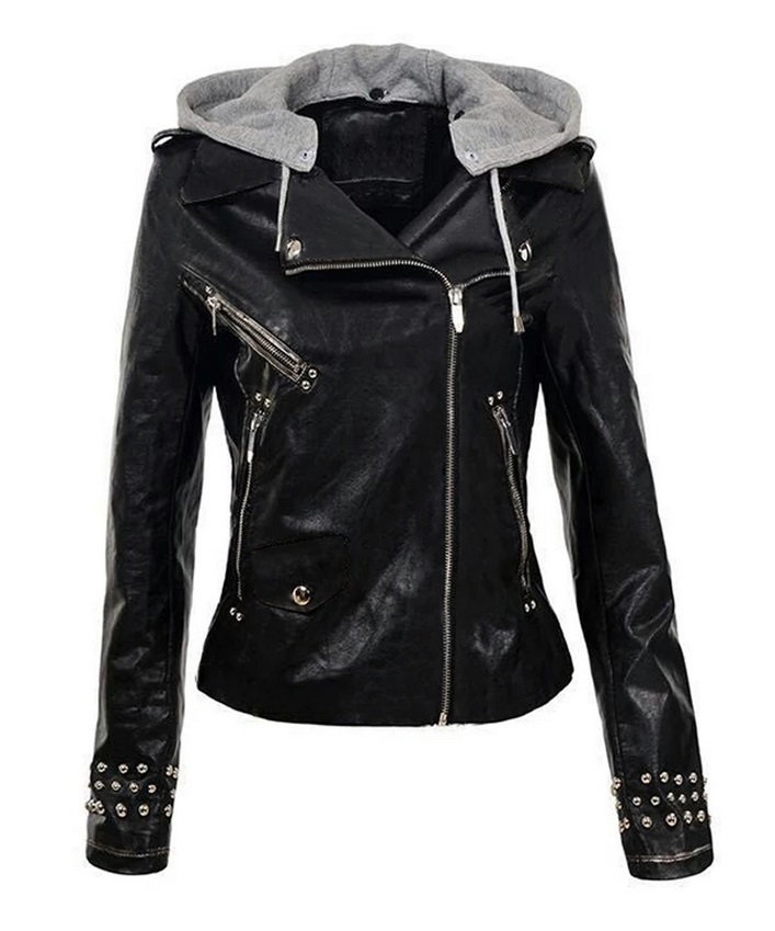 Black Biker Slim Fit Silver Small Studded Handmade Hooded Genuine Leather Jacket