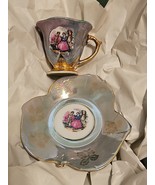 VTG Victorian Couple Lusterware Demitasse Cup &amp; Saucer /Japan Purple Set - $14.80