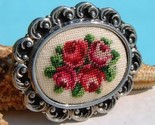 Vintage Needlepoint Embroidered Brooch Pin Petit Point Roses Flowers