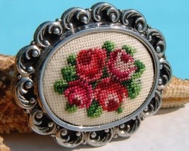 Vintage Needlepoint Embroidered Brooch Pin Petit Point Roses Flowers - $19.95