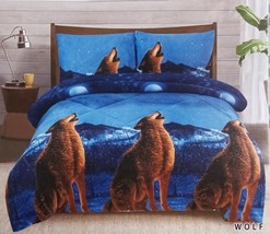 3 Pcs Super Soft Flannel Full / Queen Size Borrego Blanket / Comforter Set Wolf - £38.64 GBP