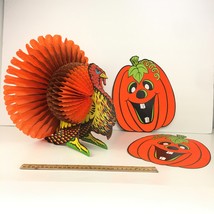 Vtg Beistle Co Paper Turkey 13 inch w Unbranded Paper Pumpkins Neon Orange READ - £14.93 GBP