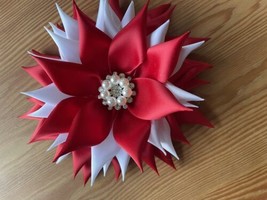 RED AND WHITE KANZASKI FLOWER FOR BROOCH, CORSAGE OR HEADBAND - $11.88