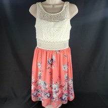 Trixxi Sleeveless Dress Size 7 Ivory Lace Peach Floral Print Lined Fit and Flare - £9.44 GBP
