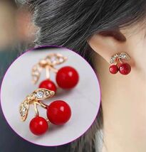New Adorable BeautifulRed Cherries Rhinestone Stud Earrings 100% Cutenes... - $5.00